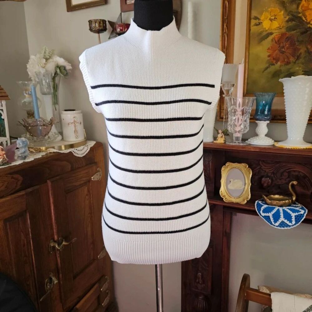 Talbots Striped Mock Neck Sweater Tank Black White Knit Small